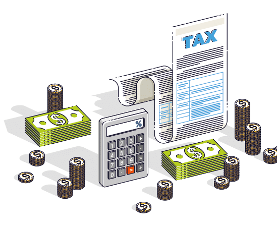 Taxation concept, tax form or paper legal document with cash money stacks and calculator isolated on white background  Isometric vector business and finance illustration, 3d thin line design 