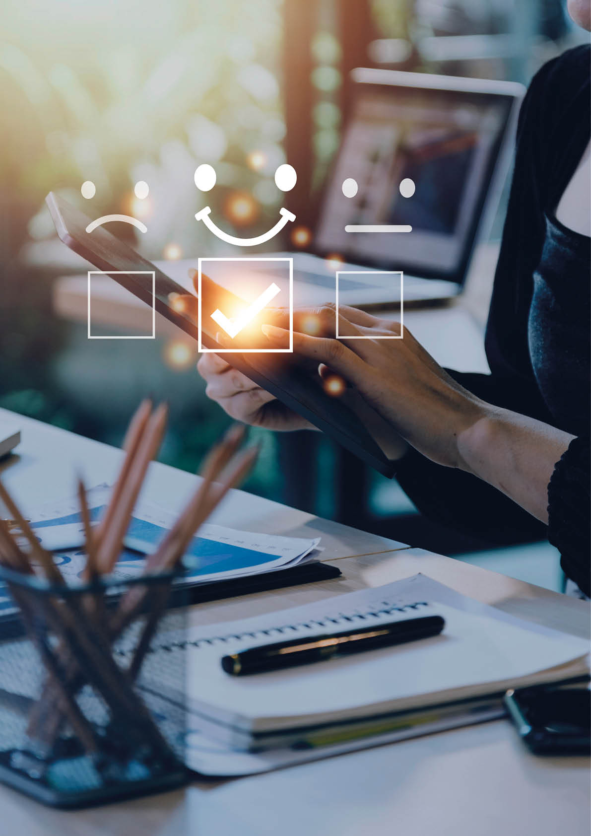 Customer service evaluation concept  Businessman pressing face smile emoticon show on virtual screen  Survey, poll or questionnaire for user experience or customer satisfaction research 