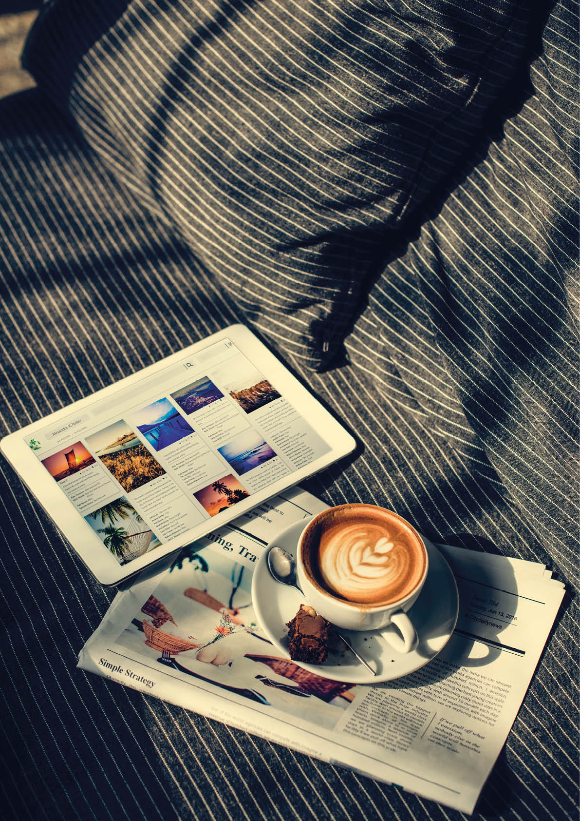 Coffee Americano Espresso Newspaper Couch Brownie Digital Tablet Concept