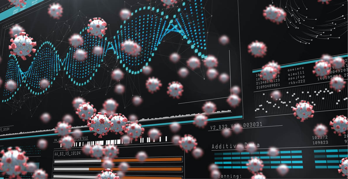 Digital illustration of macro Covid-19 cells floating over data processing, statistics and a graph  Coronavirus Covid-19 pandemic concept digital composite