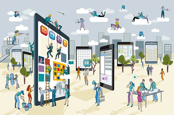 A team of people work creatively together building giant digital tablets  This are like skyscrapers, and create a city  Other people download this content on their mobile devices  Horizontal composition 