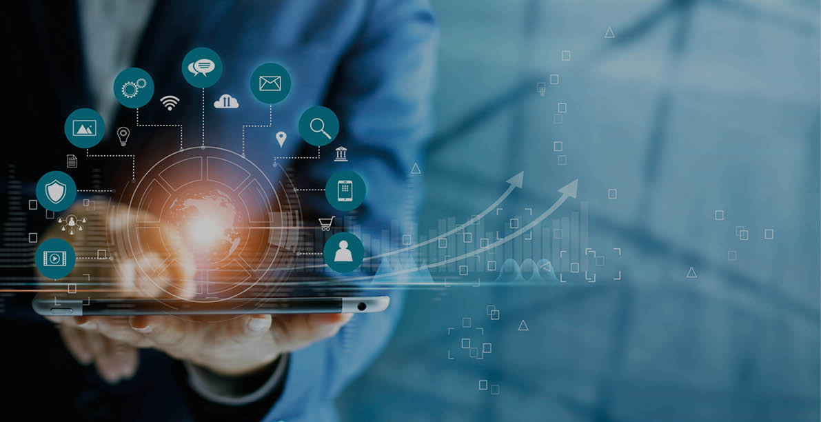 Businessman using tablet analyzing sales data and economic growth graph chart, Technology and icon customer global network connection  Business strategy  Innovative  Digital marketing 