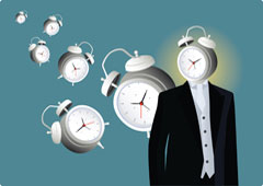 Una persona con un reloj por cabeza.