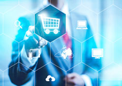 Una persona e iconos de comercio electrónico