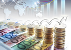 Gráfico ascendente sobre monedas y billetes