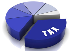 Quesito de colores morados con la palabra Tax