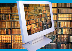Una libreria llena de libros y un portátil