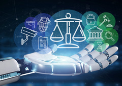 Iconos de justicia encima de una mano robótica