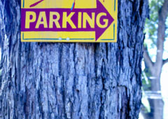 Un letrero de 'parking' colocado en el tronco de un árbol