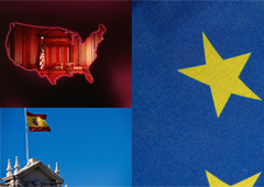 Mapa del norteamerica con su bandera, la bandera de españa y la de europa